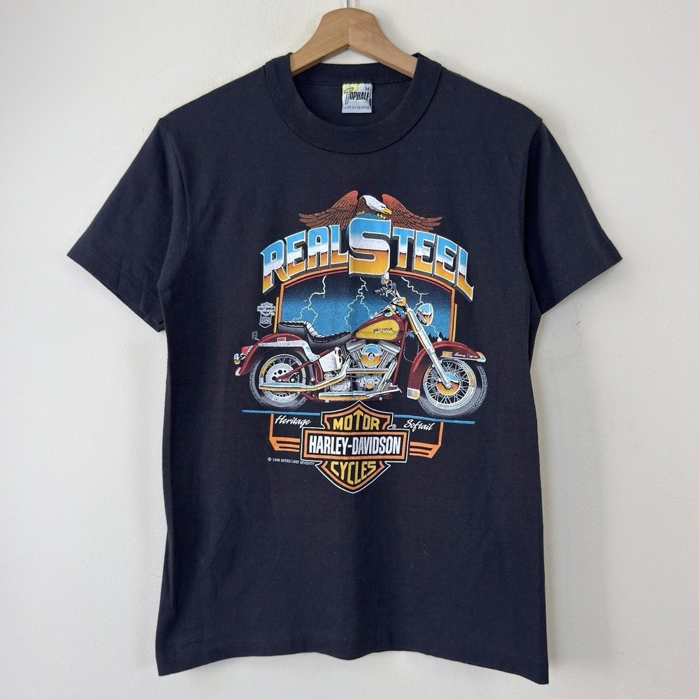 Vintage 1988 Harley Davidson Real Steel Lightning Single Stitch Black Tee Shirt